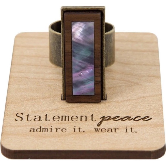 HANDMADE Artisan Jewelry Set OS Wood Brass Abalone Shell Ring & Stud Earrings - Picture 3 of 6